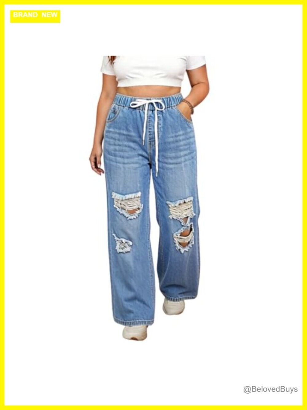 Plus Size Wide Leg Drawstring Jeans High Rise Straight Leg Elastic Waist Denim